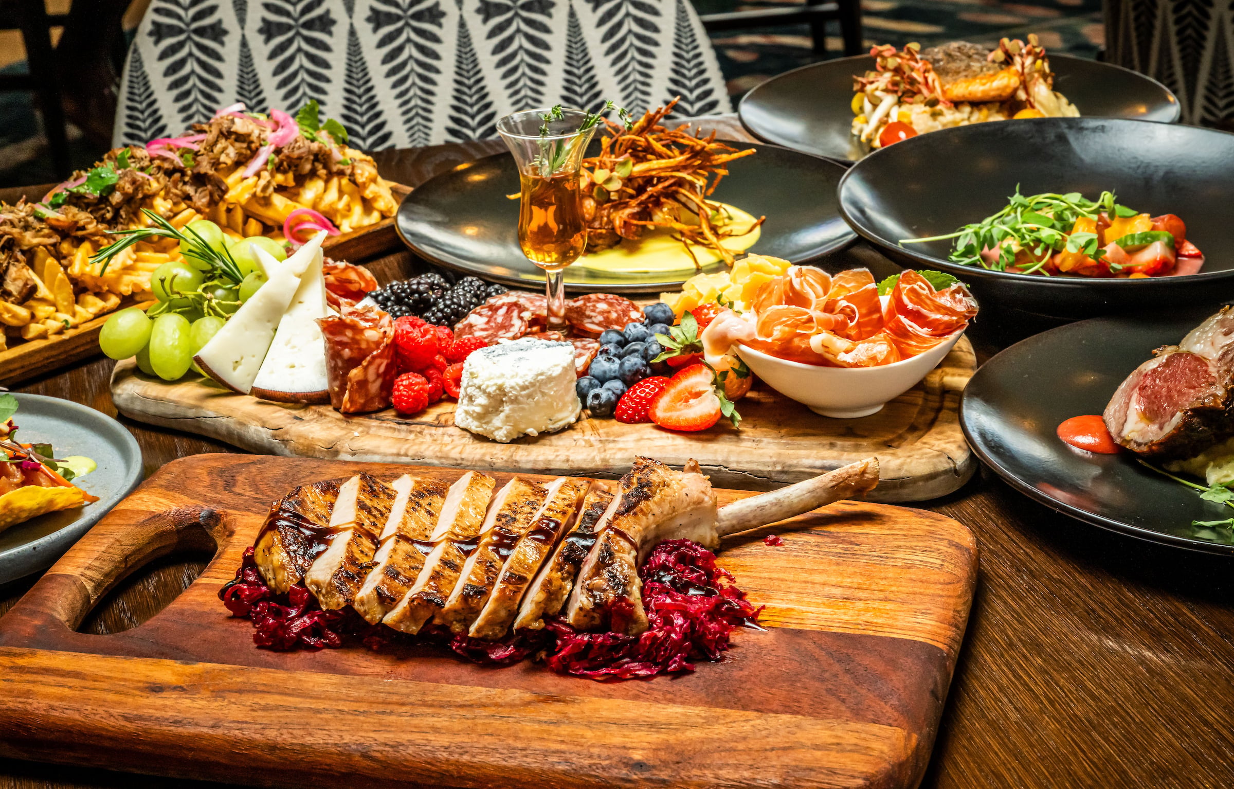 Multiple food dishes on a table