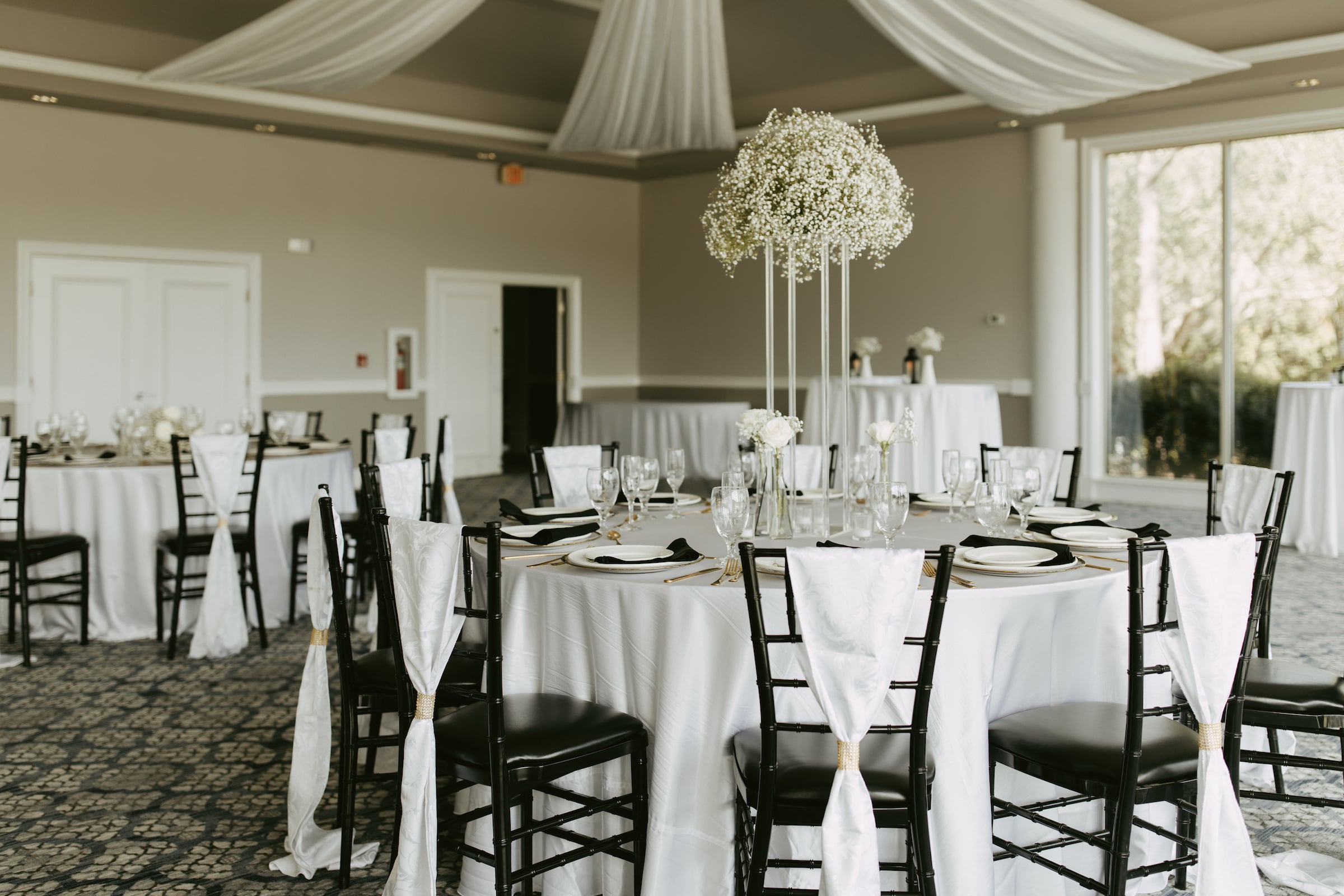 Wedding table setting in a ballroom