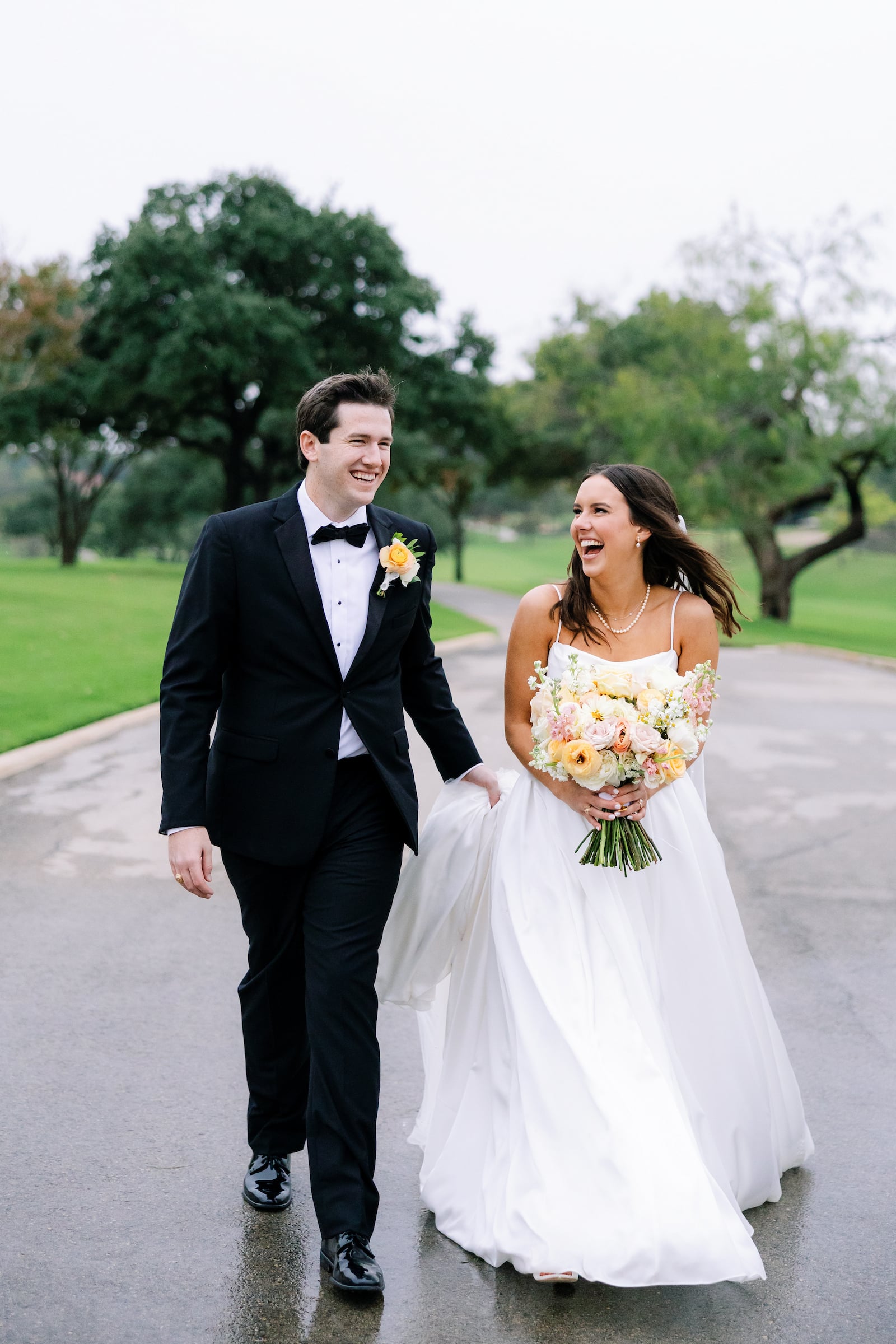 bride and groom walking on their wedding day