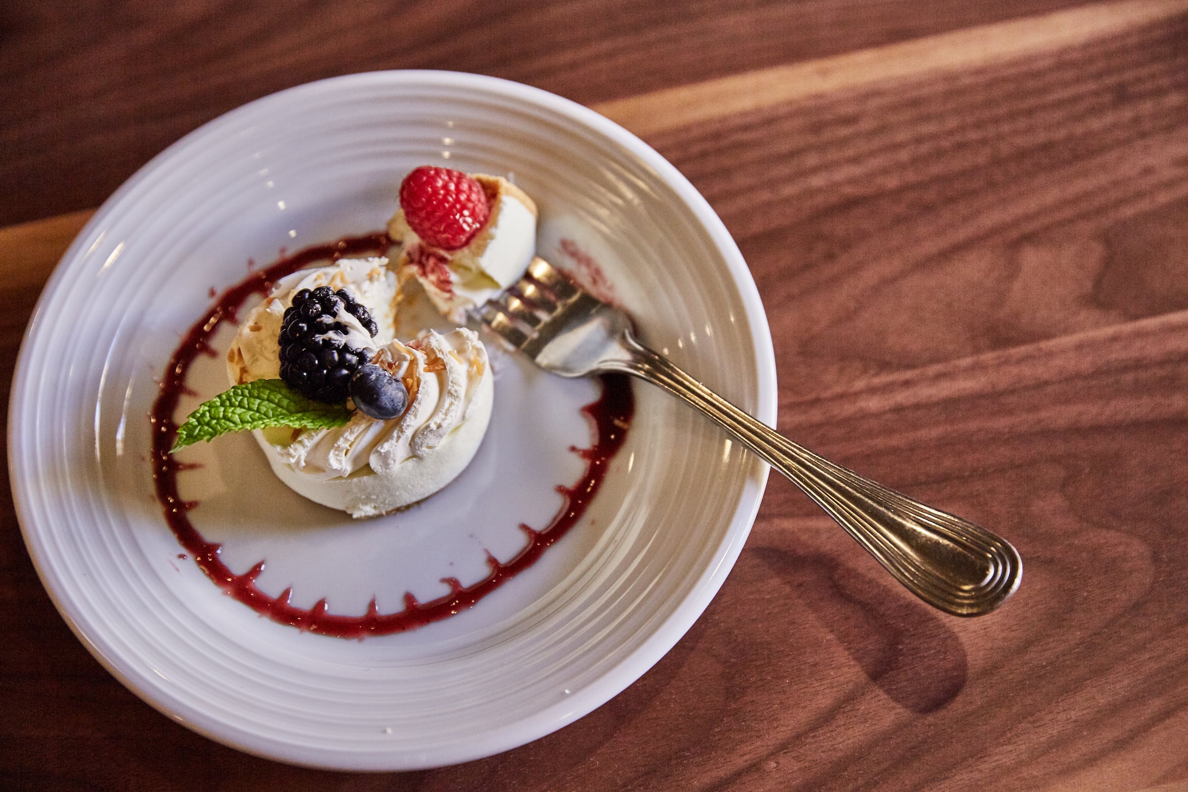 overhead view of a plated dessert