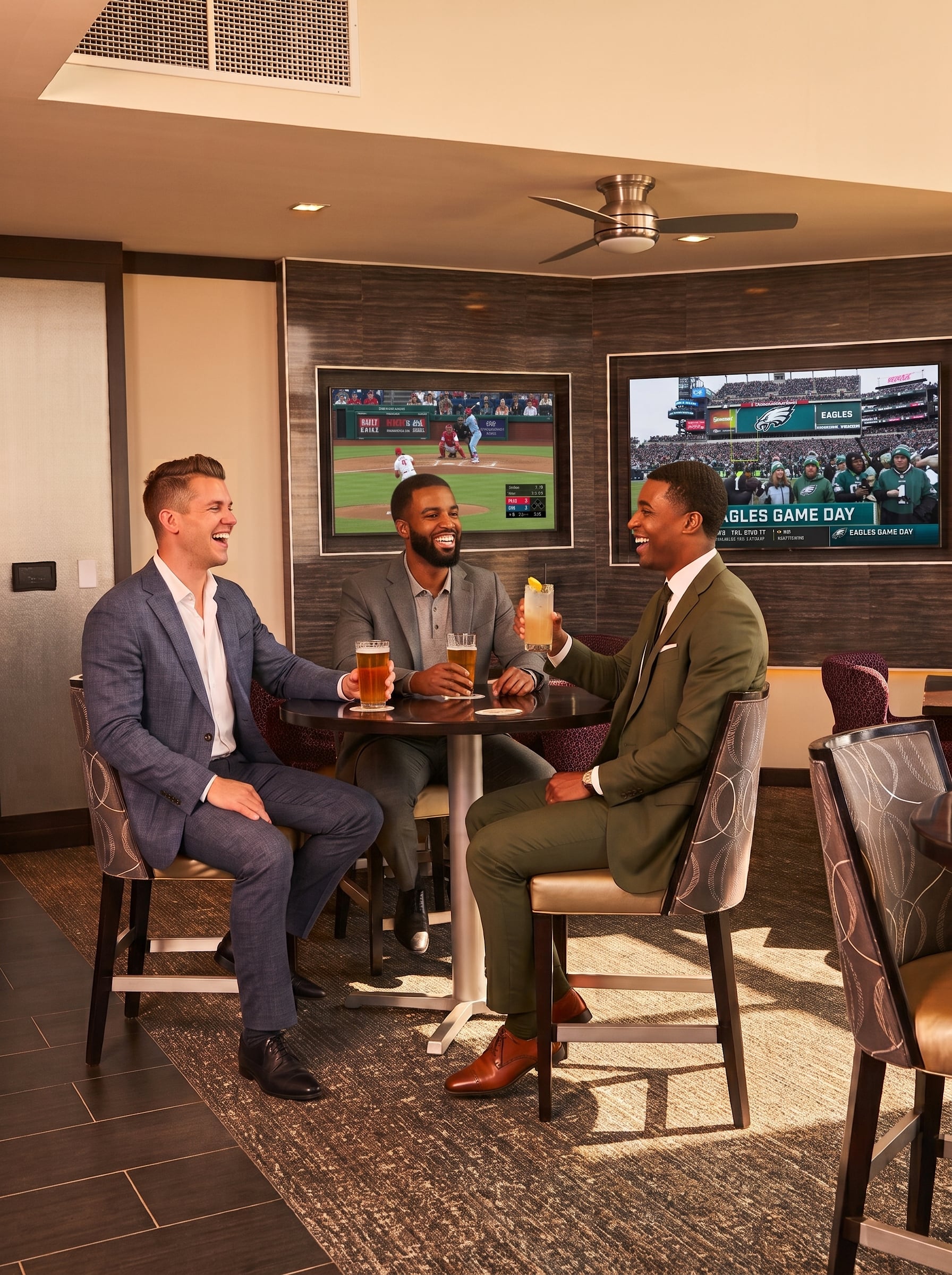 Three men drinking in Pyramid Club bar
