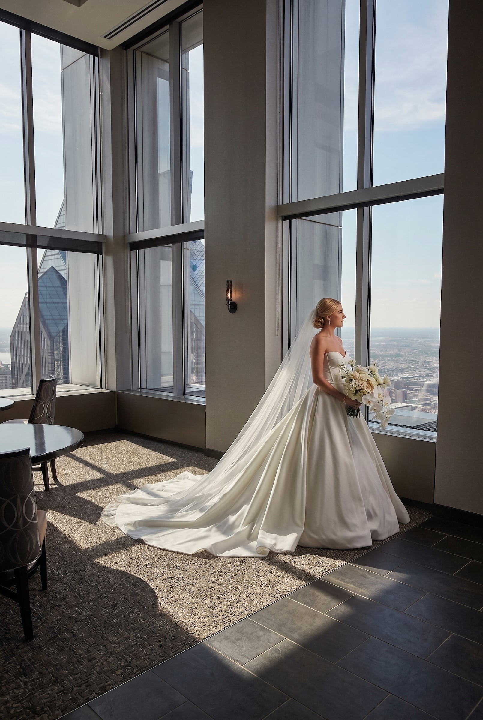 Bride posing in front of window at Pyramid Club