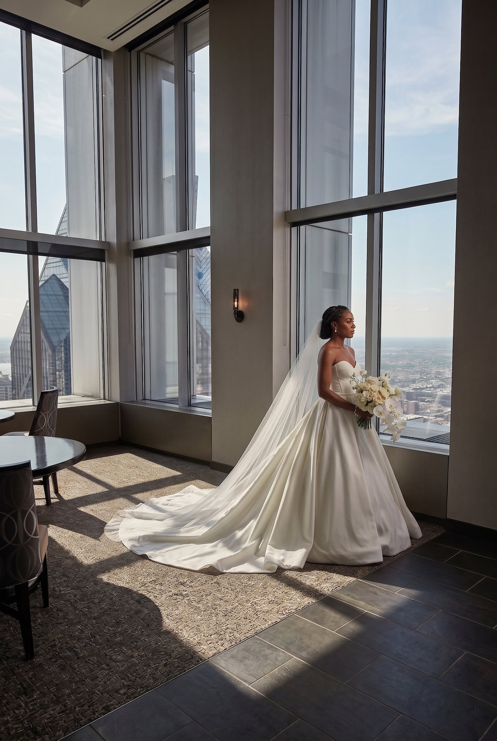 Bride posing in front of a window at Pyramid Club