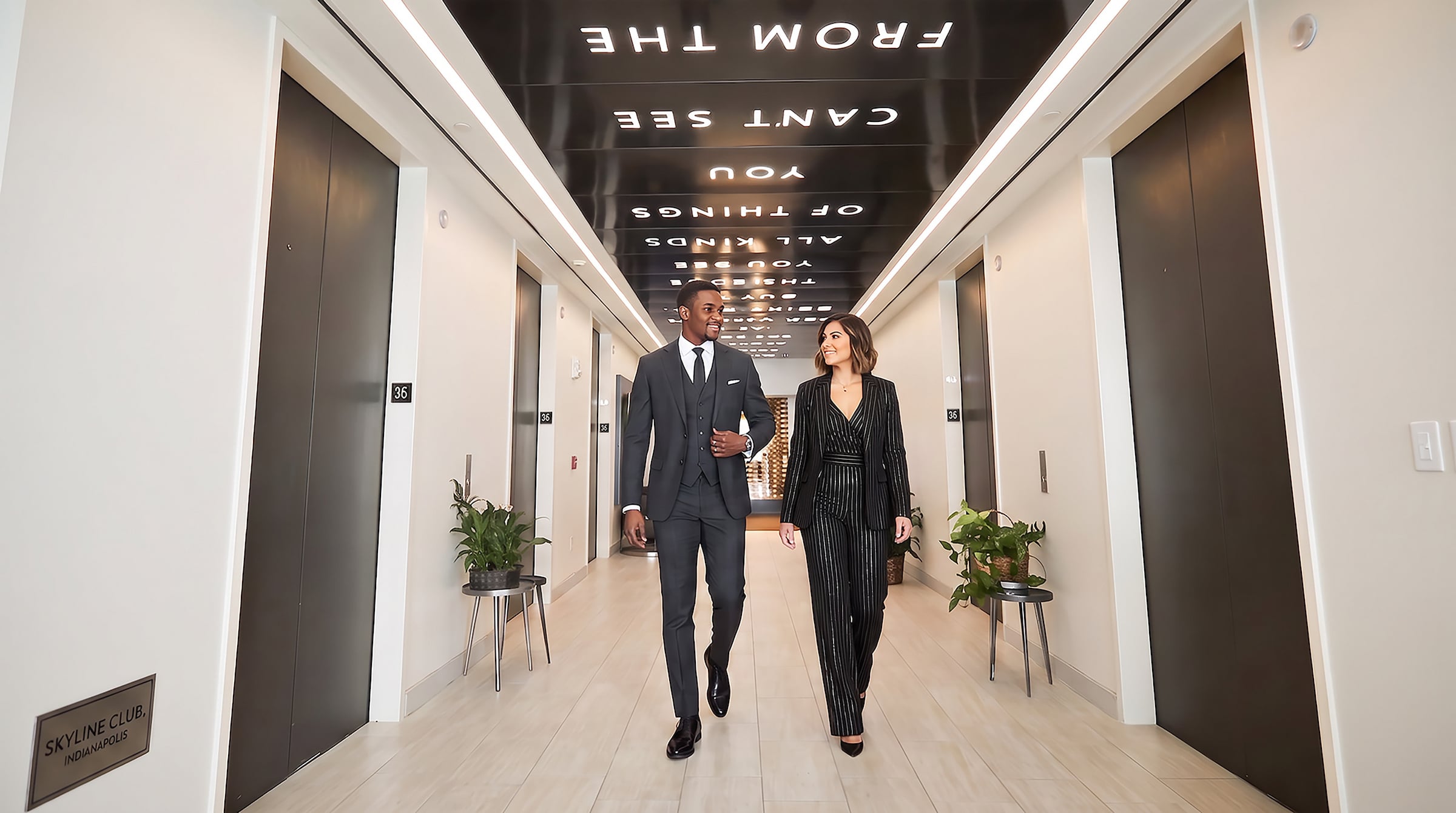 Skyline Club with 2 people walking down the hallway