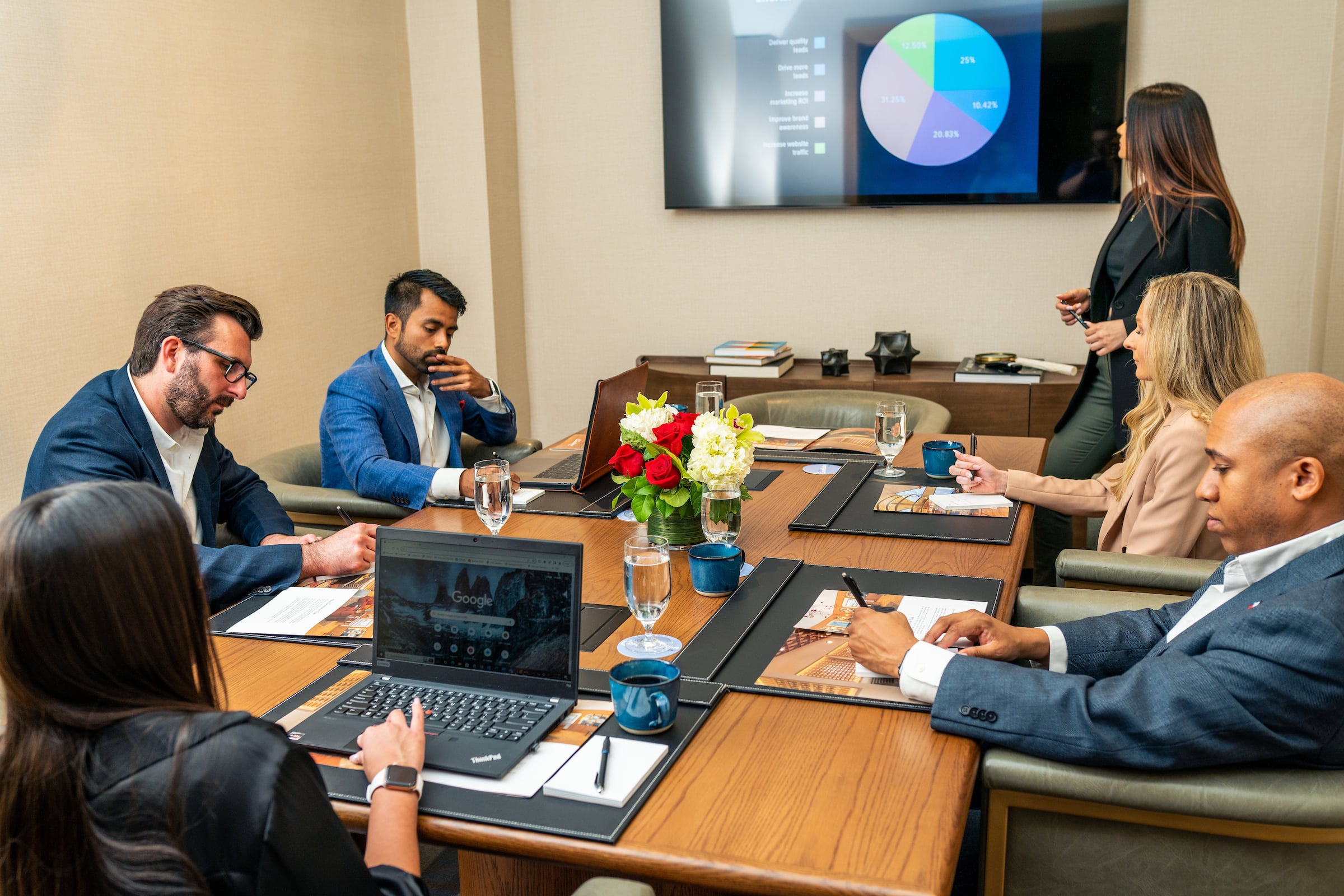 Group of 7 men & women in a meeting room