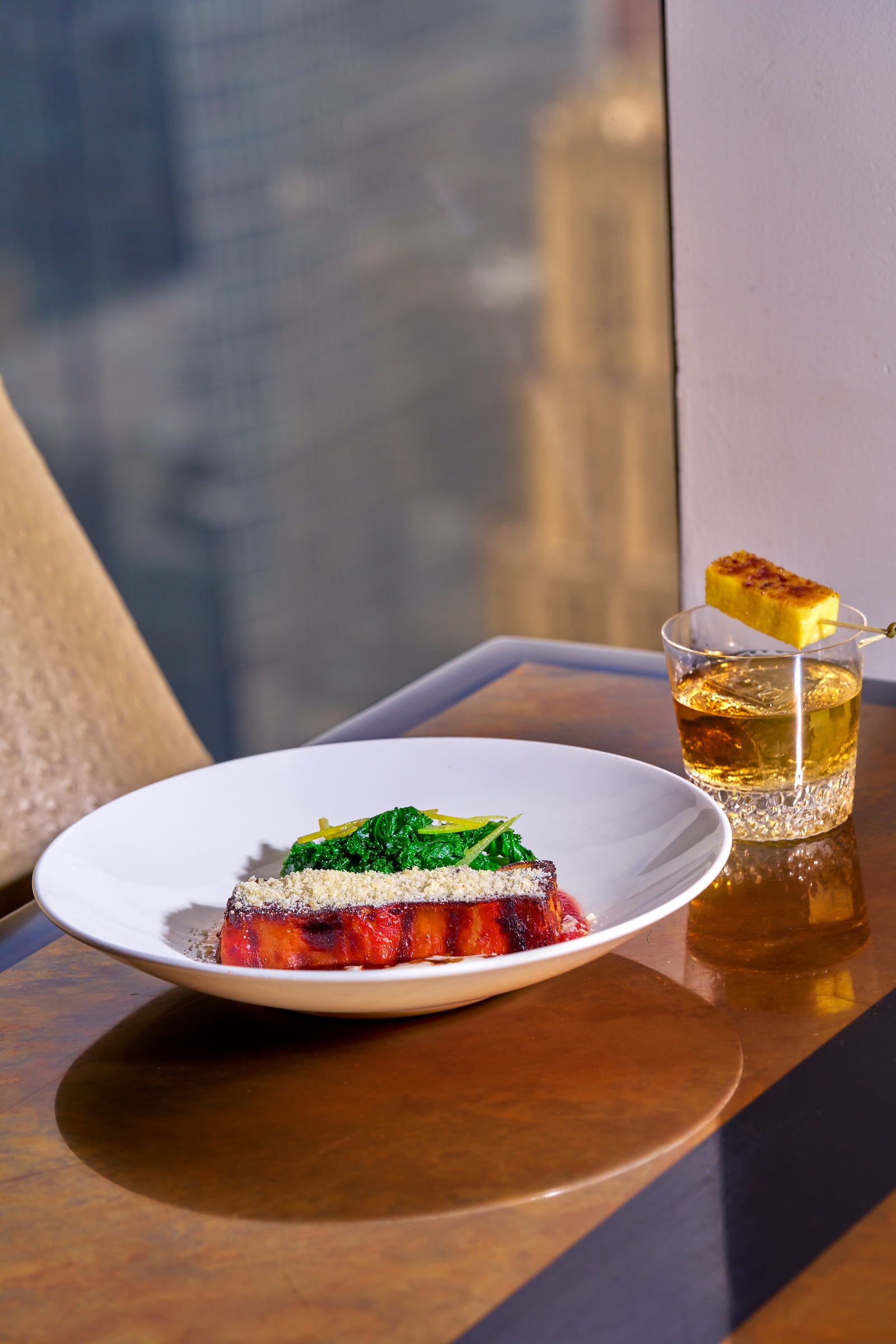 Plate of food & cocktail