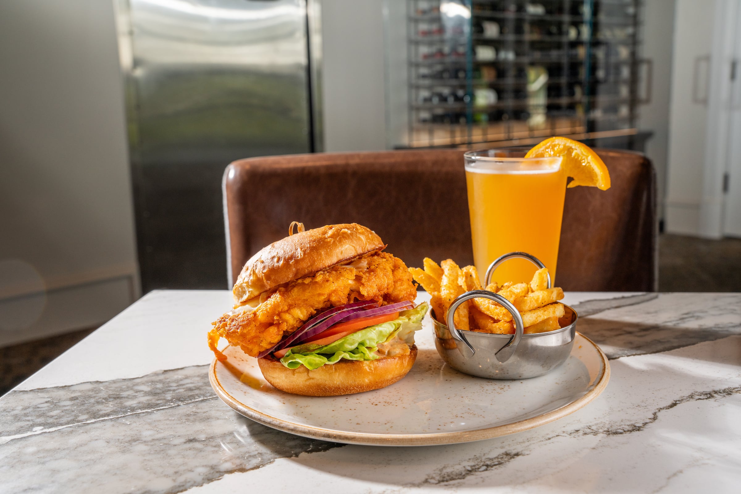Chicken sandwich and beer