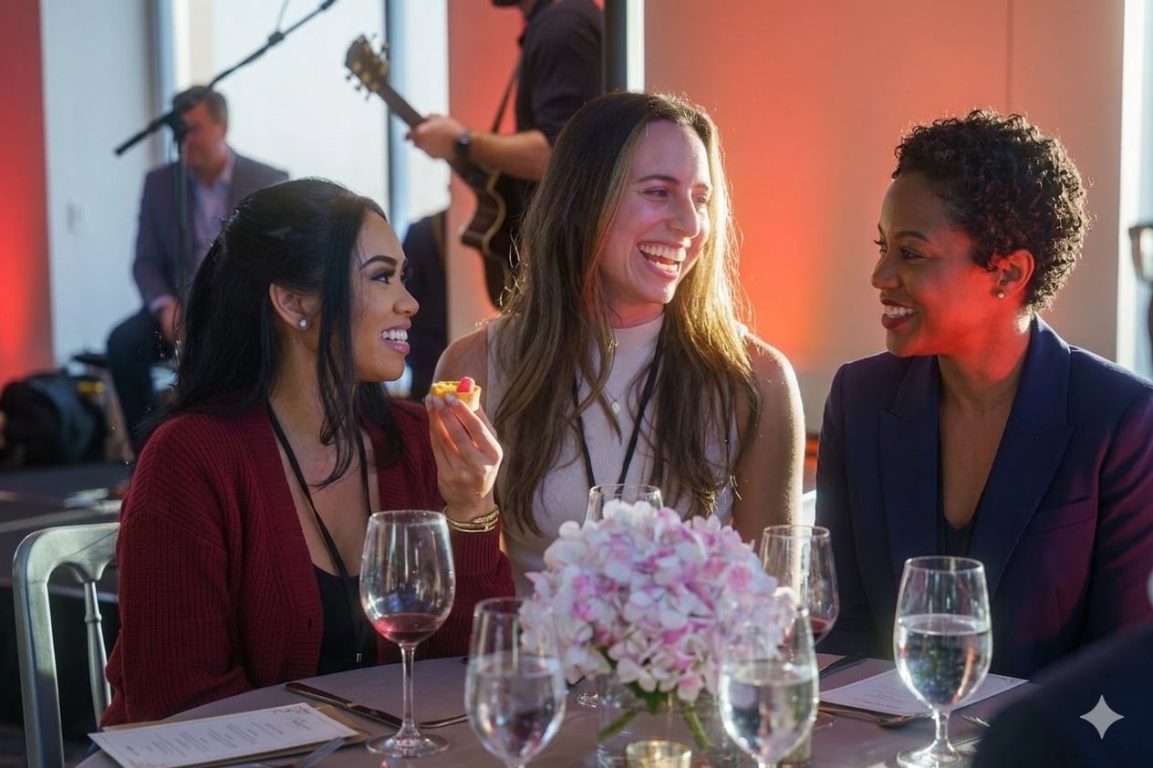 Girls sipping wine and laughing at a table.