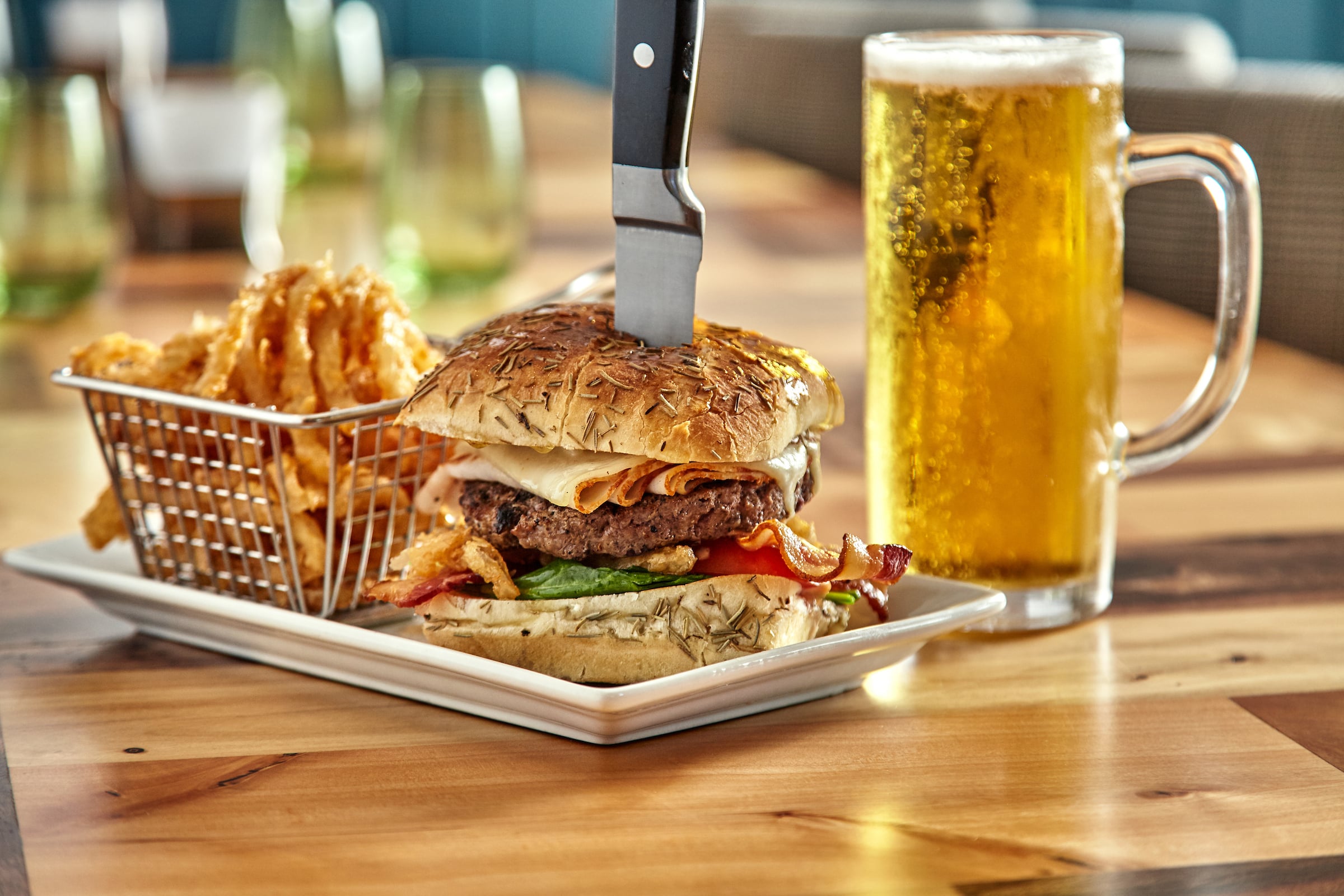 Burger and fries with a beer